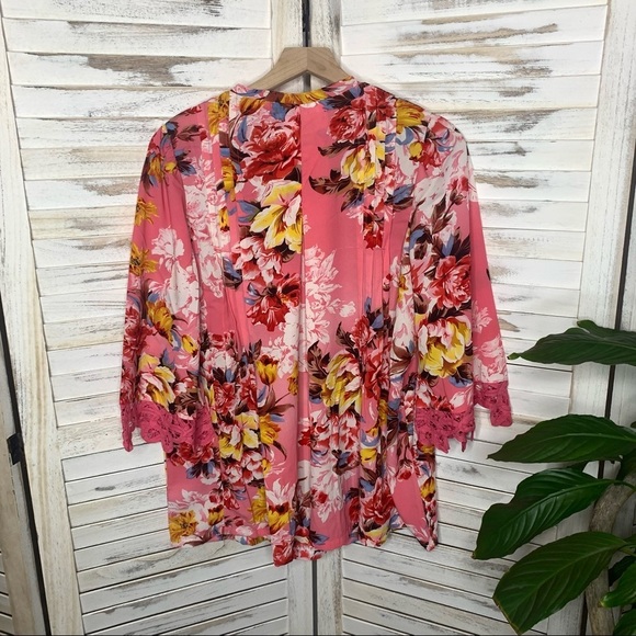 ROAMAN'S Juliet Lace Bigshirt Long Shirt Blouse Multicolor Floral Print Pink 12W - Picture 9 of 10